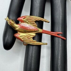 Beautiful Vintage Flying Duck Red And White Enamel Goldtone Unsigned Brooch